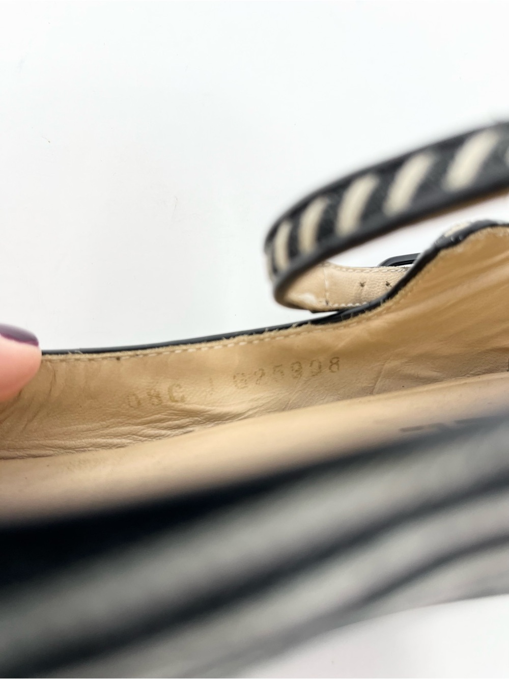 Vintage Vtg Chanel Mary Jane Ballet Flats Black White Striped Cap Toe CC Logo 37 - Picture 8 of 11